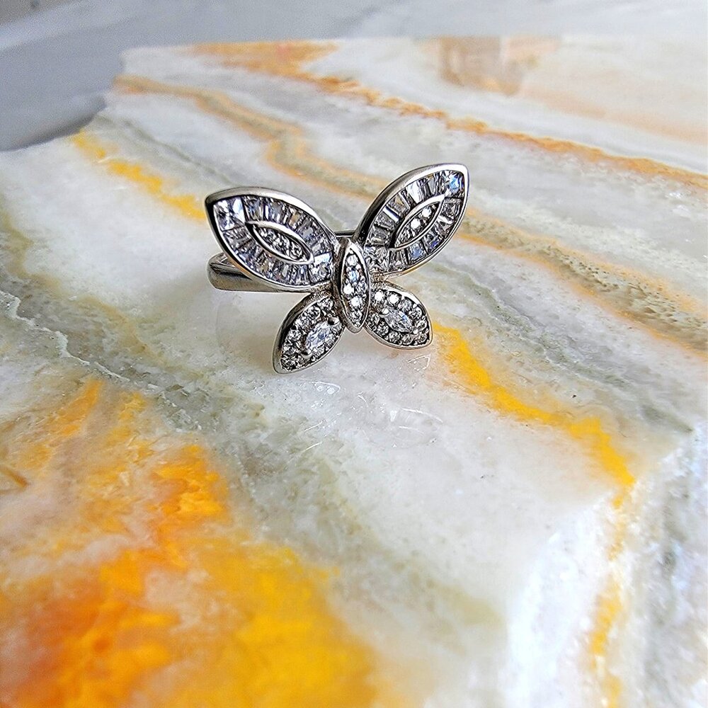 925 Sterling Silver Large Pavé Butterfly Statement Ring